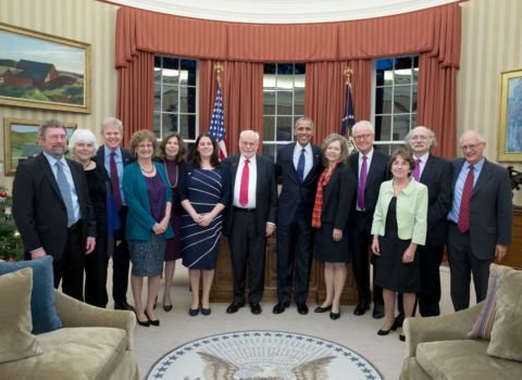 President Barack Obama greets the 2016 American Nobel Prize winners in the Oval Office.
