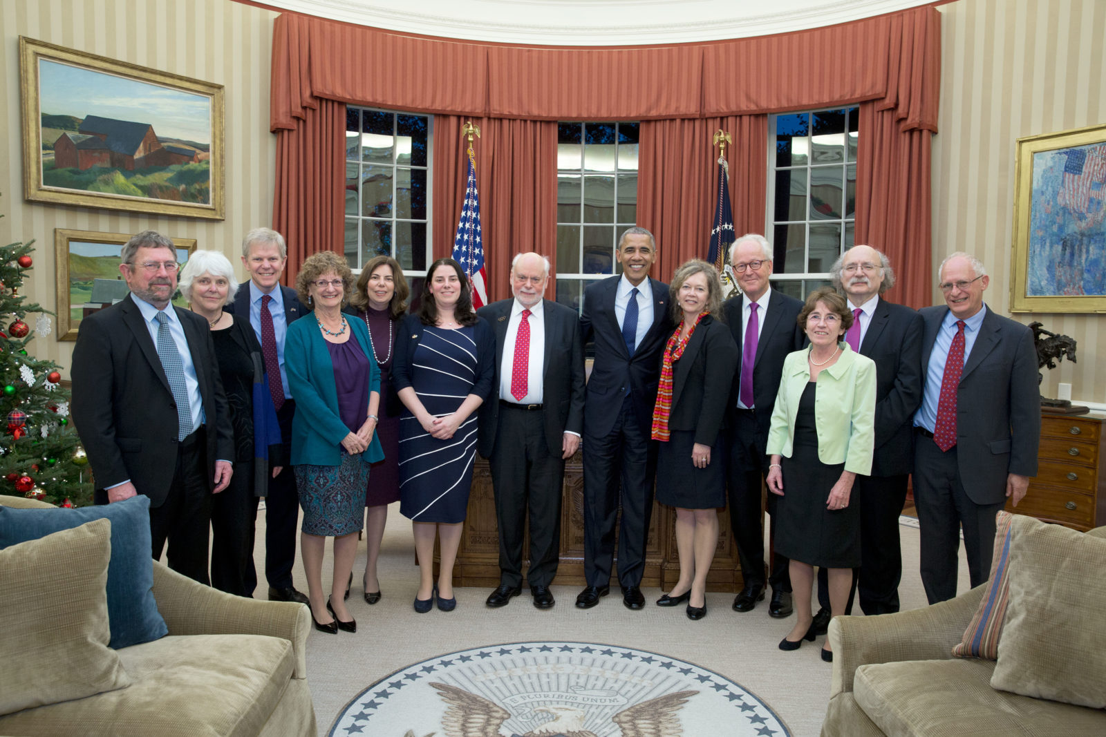 President Barack Obama greets the 2016 American Nobel Prize winners in the Oval Office.