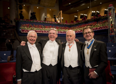 2016 Nobel Prize in Chemistry winners Fraser Stoddart, Jean-Pierre Sauvage, & Ben Feringa with Jean-Marie Lehn